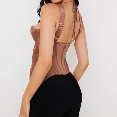 Women's Caramel Corset Camisole Satin Halter Top, Ruched & Boned Peplum Bustier