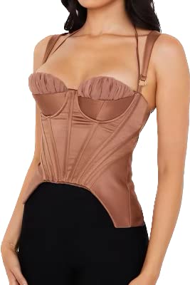 Women's Caramel Corset Camisole Satin Halter Top, Ruched & Boned Peplum Bustier