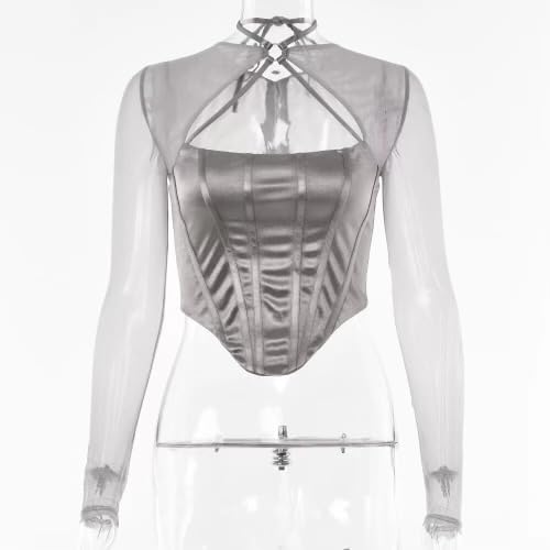 IDLEBONE Womens Corset Top Long Sleeve Halter Tulle and Satin Silver Top