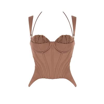 Women's Caramel Corset Camisole Satin Halter Top, Ruched & Boned Peplum Bustier