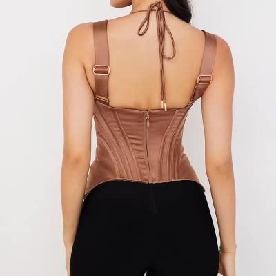 Women's Caramel Corset Camisole Satin Halter Top, Ruched & Boned Peplum Bustier