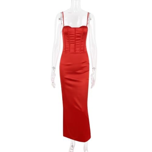 IDLEBONE Womens Maxi Corset Paneled Red Satin Column Teddy Dress