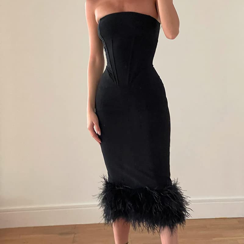 IDLEBONE Womens Black Corset Midi Strapless Floating Fur Cuff Dress