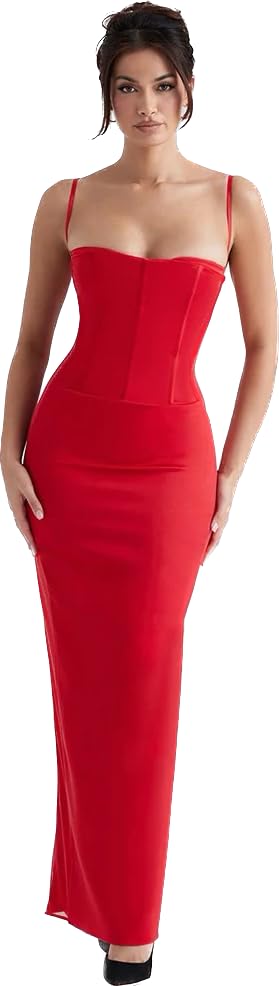 IDLEBONE Womens Maxi Corset Paneled Red Satin Column Teddy Dress