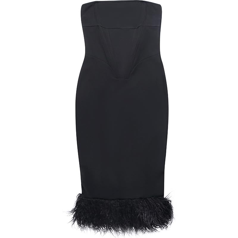 IDLEBONE Womens Black Corset Midi Strapless Floating Fur Cuff Dress