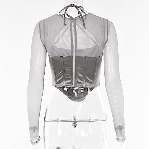 IDLEBONE Womens Corset Top Long Sleeve Halter Tulle and Satin Silver Top