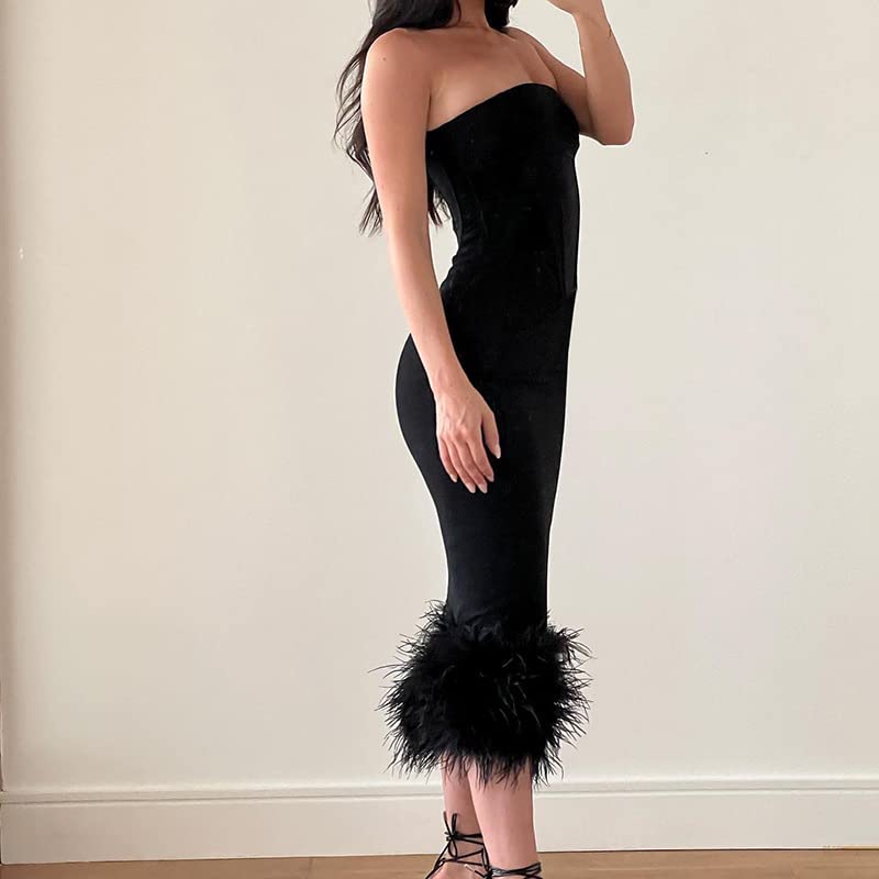 IDLEBONE Womens Black Corset Midi Strapless Floating Fur Cuff Dress