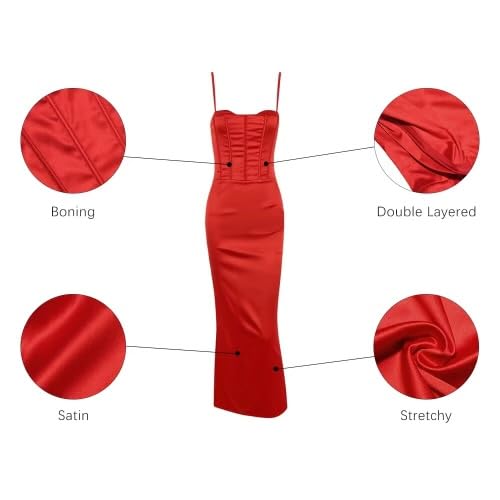 IDLEBONE Womens Maxi Corset Paneled Red Satin Column Teddy Dress