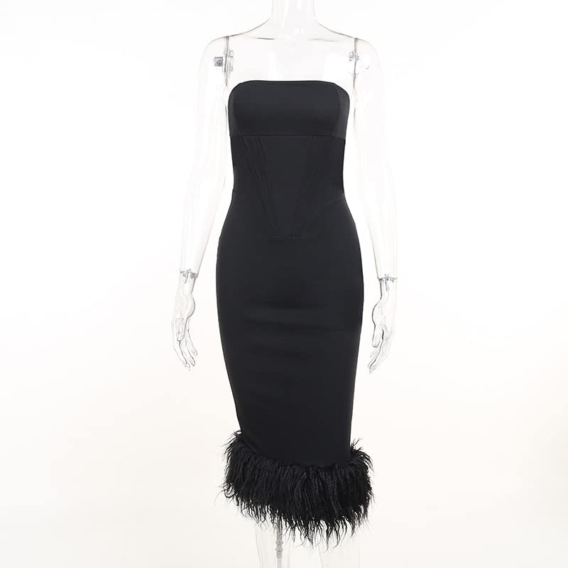 IDLEBONE Womens Black Corset Midi Strapless Floating Fur Cuff Dress