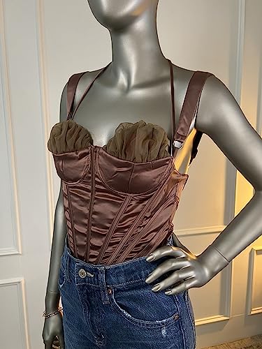 Women's Caramel Corset Camisole Satin Halter Top, Ruched & Boned Peplum Bustier