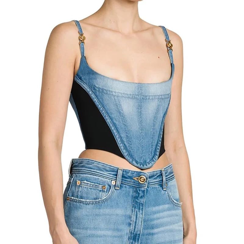 IdleBone Womens Denim Corset Top (Brand Zip-up Bustier) Navy Blue & Black