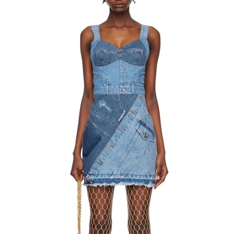 IdleBone Womens Denim Patchwork Corset Minidress